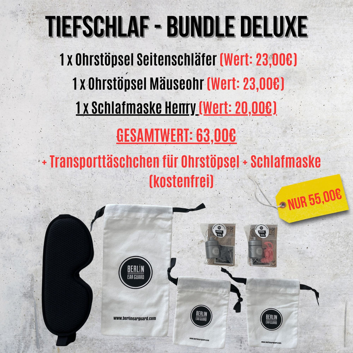 Tiefschlaf-Bundle Deluxe | Ohrstöpsel Seitenschläfer Pink | Ohrstöpsel Mäuseohr Schwarz | Schlafmaske Henry Schwarz | + Bonus Set mit Aufbewahrungssäcken