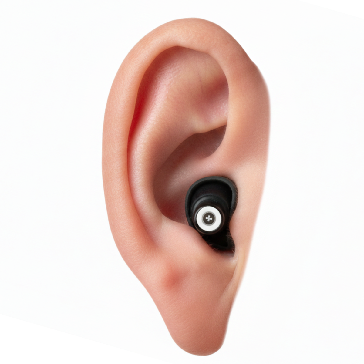 Ohrstöpsel "Home Office" von Berlin Ear Guard korrekt ins Ohr eingesetzt - für Büro, Großraumbüro, zum konzentrierten Arbeiten gegen Lärm
